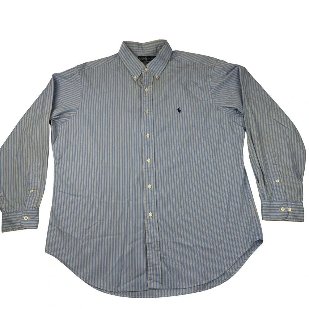 Ralph Lauren Button Down Mens 17 34/35 Blue White Striped Classic Fit Shirt
